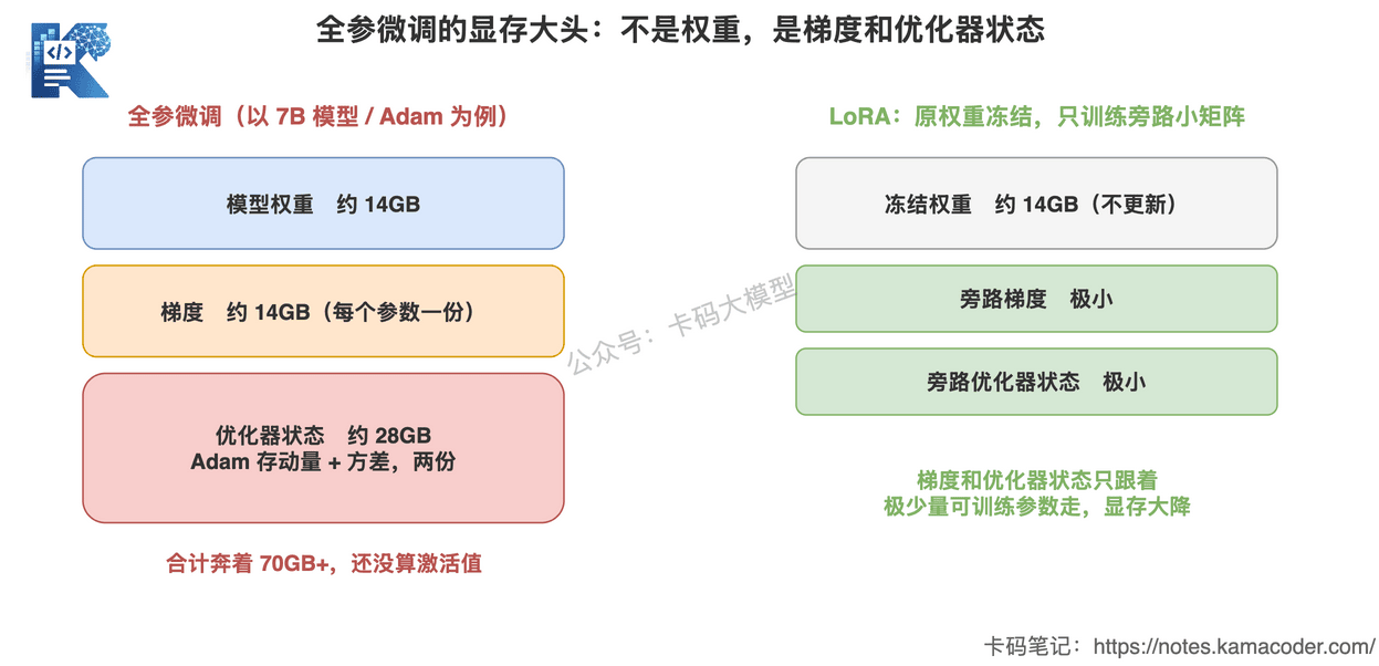 全参微调和LoRA的显存占用对比