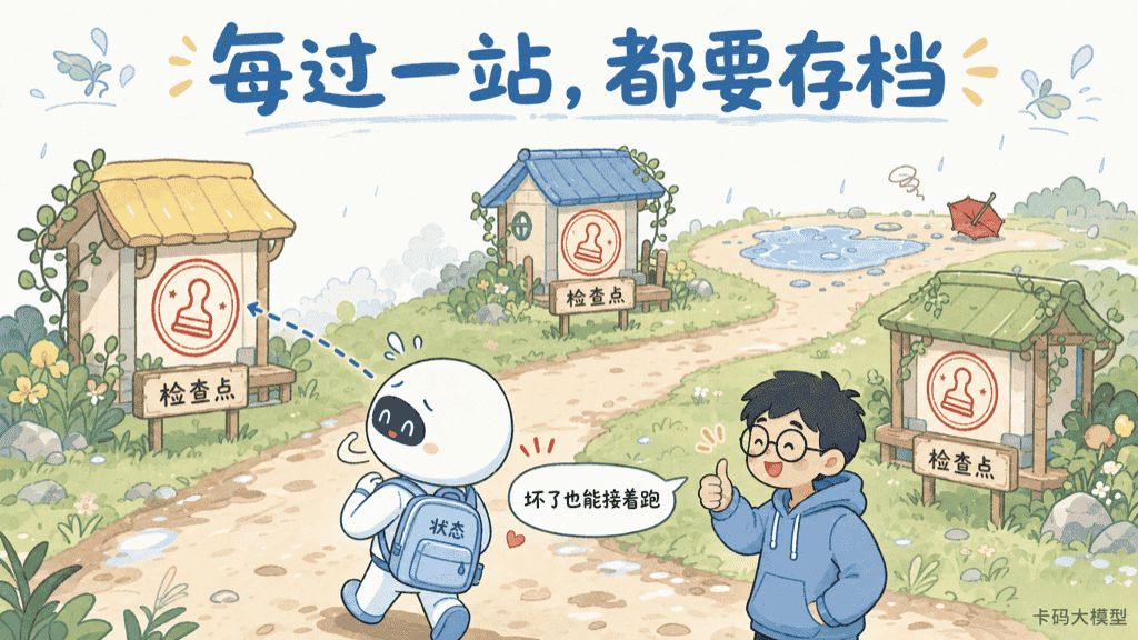 跨越节点边界时保存状态检查点,任务失败后能够从最近进度恢复